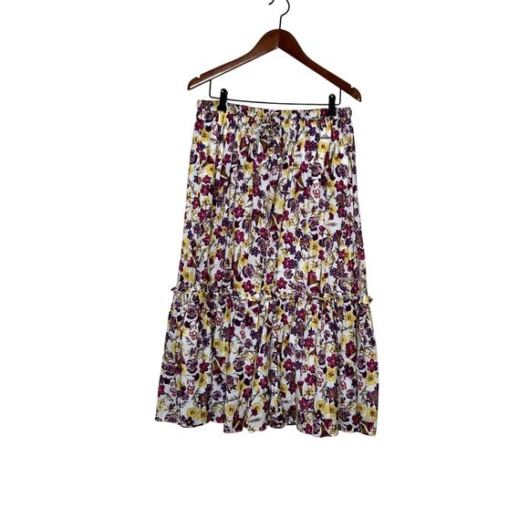 J.Crew skirt size M tiered midi floral burgundy/yellow elastic waiset adjustable - Picture 1 of 10